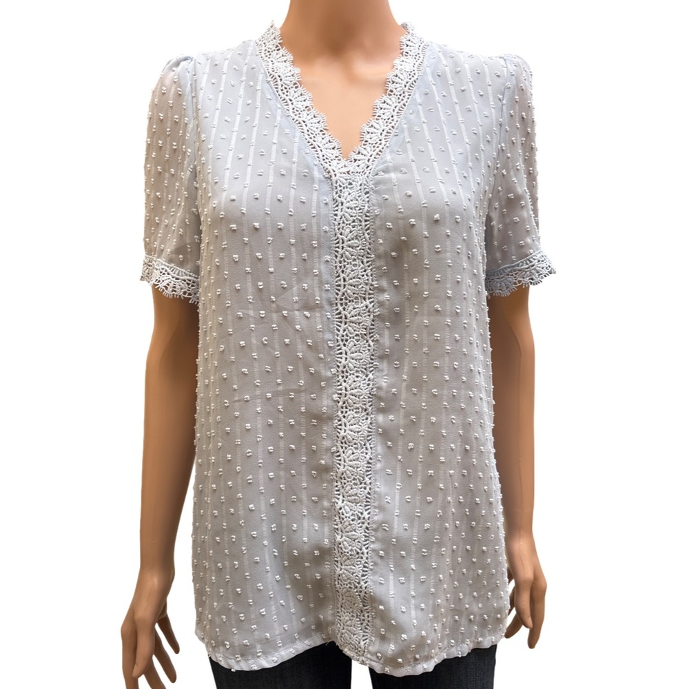 Elegant Light Blue Short Sleeves Crochet Lace Trim Blouse Small